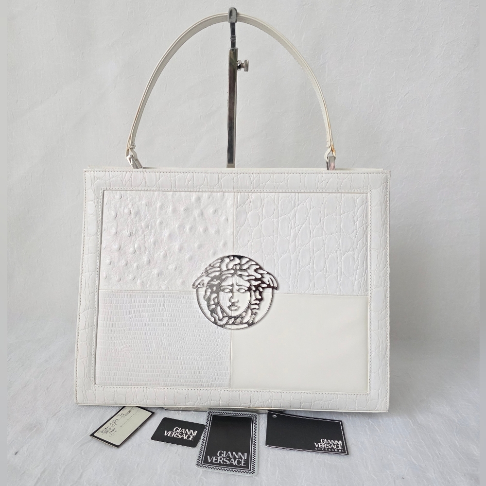 Auth RARE Gianni Versace Diana 1990s Croc/ Ostrich Embossed Satchel Bag